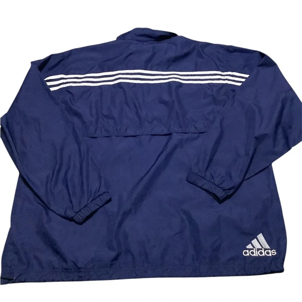Vintage Adidas Men's Navy Windbreaker with White Stripes